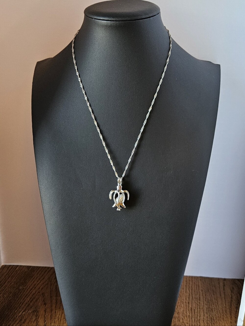 Sea Turtle Necklace Faux Pearl Chain Stamped 18K GF